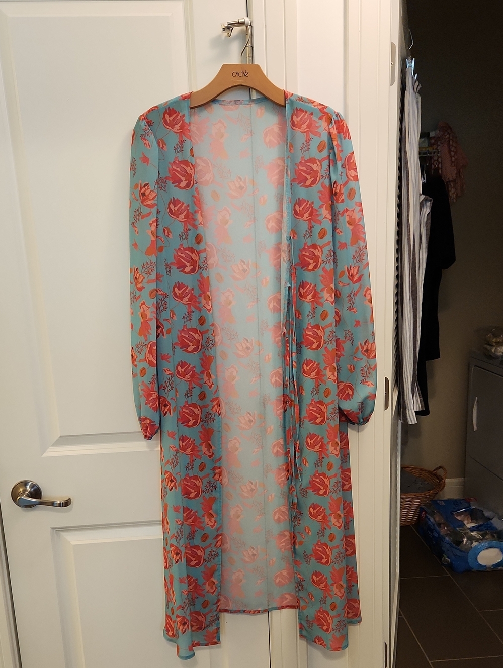 Oh Polly Sheer Aqua Kimono Robe with Coral Floral